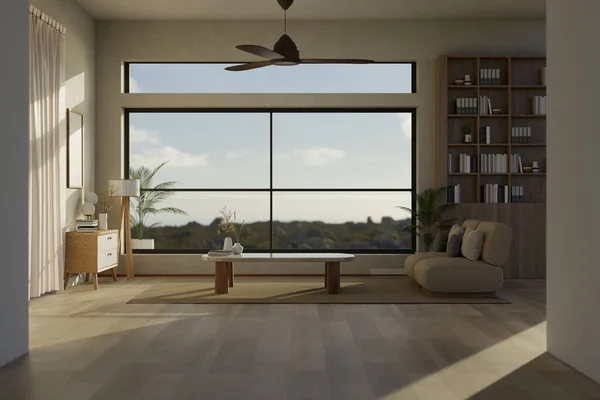 大きな窓と高い天井 近代的な家具と現代の最小限のリビングルーム — ストック写真