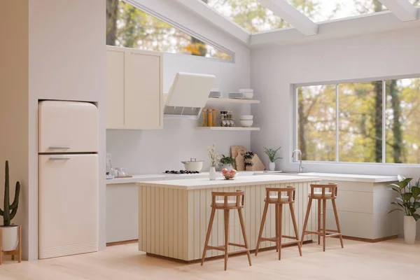 白いキッチンカウンター 白い冷蔵庫 木製のスツール ストーブ 窓に対するシンク ガラス天井のモダンな白いキッチンのインテリアデザイン 3Dレンダリング 3Dイラスト — ストック写真