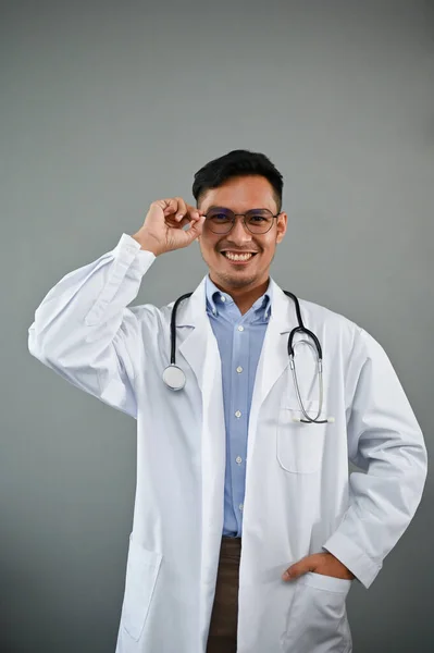 Professional Smart Millennial Asian Male Doctor White Gown Stethoscope Standing — Stock Photo, Image