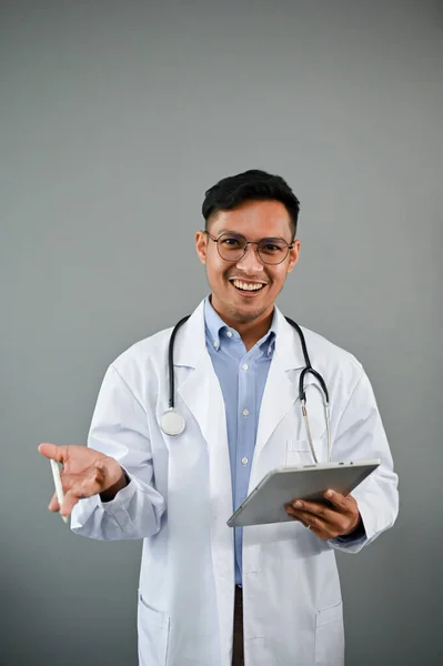 Smart Handsome Millennial Asian Male Doctor Uniform Holding Digital Tablet — Stock Photo, Image