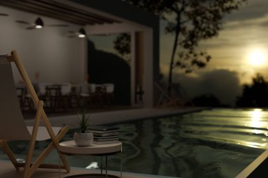 Plaj sandalyesi ve akşam havuzun yanındaki yan masa. Havuz villası, tatil köyü, gün batımı manzaralı havuz. 3d görüntüleme, 3d illüstrasyon