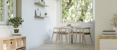 Pencere kenarında yemek masası olan minimum İskandinav beyaz oturma odasının iç tasarımı. 3d görüntüleme, 3d illüstrasyon