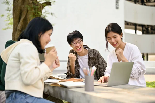 Groep Vrolijke Aziatische Studenten Kijken Naar Laptop Scherm Verheugen Zich — Stockfoto