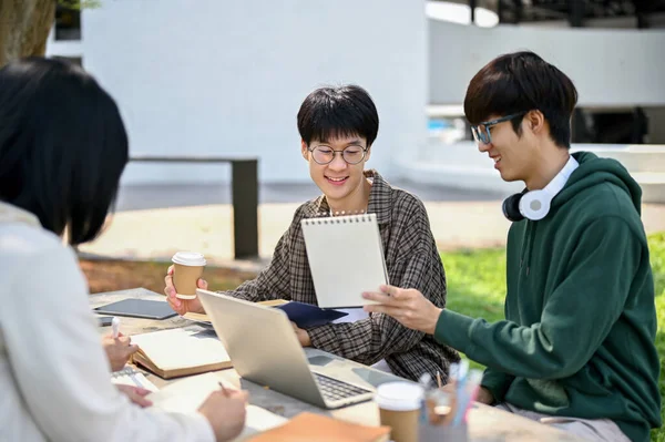 聪明的亚洲男大学生正在校园公园给他的朋友们教数学 两名亚洲男大学生在和他的小组一起工作时正在讨论工作问题 — 图库照片