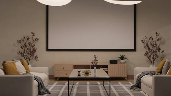 Tampilan Depan Ruang Tamu Kontemporer Cozy Malam Hari Dengan Sofa — Stok Foto
