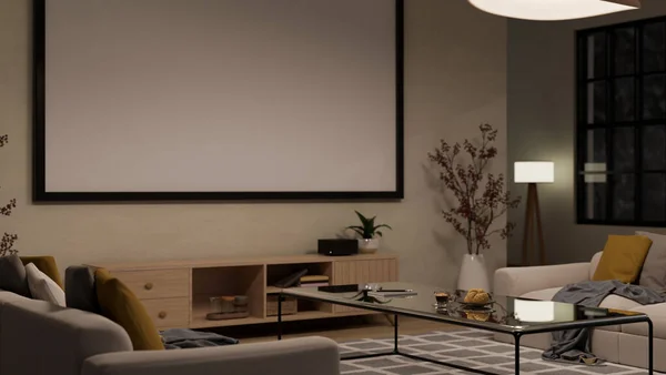 快適なソファ モダンなコーヒーテーブル 木製テレビキャビネット ランプ 装飾に大きな空白のフレームモックアップ付きの居心地の良い現代的なリビングルーム 3Dレンダリング 3Dイラスト — ストック写真