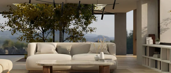 屋内ツリー 快適な白いソファ 装飾が施されたモダンな現代的なリビングルームのコーヒーテーブルの上にスペースをコピーします 3Dレンダリング 3Dイラスト — ストック写真