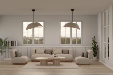 Konforlu bir İskandinav oturma odasının iç tasarımı, rahat bej kanepesi, halıda ahşap sehpa, şık kolye ışıkları, parke zemin ve ev dekoru. 3d görüntüleme, 3d illüstrasyon