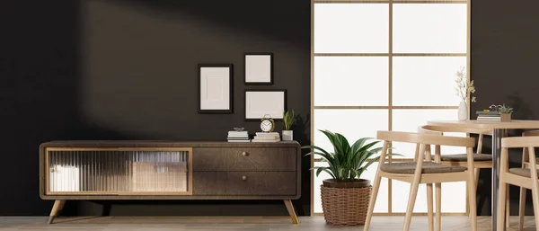 stock image Interior design of a minimal living room with copy space on a wooden cabinet against black wall with large window, dining table and houseplants. 3d render, 3d illustration