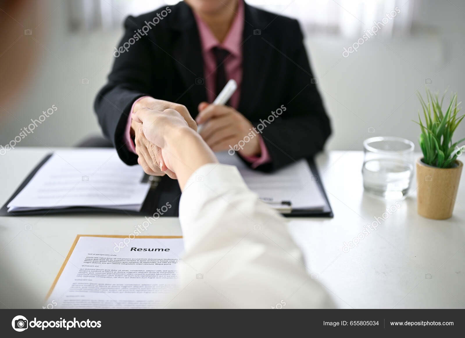 Close Image Candidate Shaking Hands Businesswoman Job Interview 