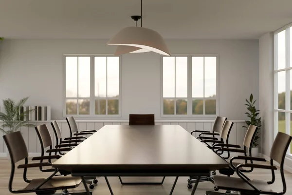 现代会议室或会议室的室内设计 配备硬木深色会议桌 时尚吊灯和装饰 3D渲染 3D说明 — 图库照片