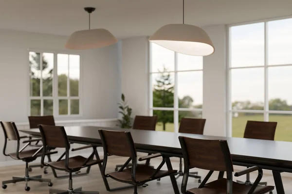 现代会议室或会议室的室内设计 配备硬木深色会议桌 时尚吊灯和窗户 3D渲染 3D说明 — 图库照片