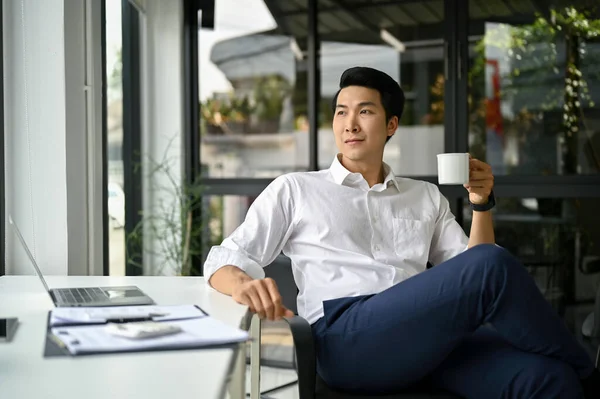 Confident Successful Millennial Asian Businessman Male Ceo Sits His Desk — Stock Photo, Image