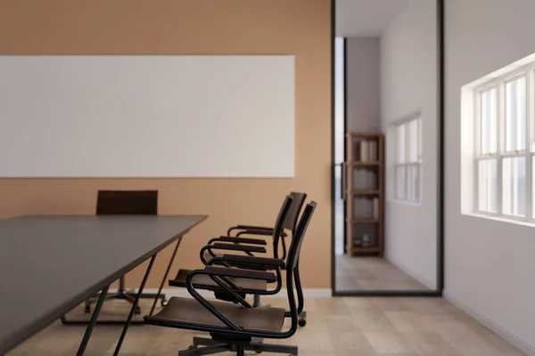 ミーティングテーブル付きのモダンなスタイリッシュな会議室のインテリアデザイン 壁やオフィスの装飾に空白のポスターモックアップ 選択的集中 3Dレンダリング 3Dイラスト — ストック写真