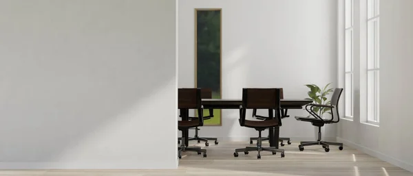 ミーティングテーブルと空のモックアップ白い壁とモダンな白い会議室のインテリアデザイン 3Dレンダリング 3Dイラスト — ストック写真
