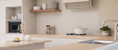 Asgari ahşap mutfak tezgahı, lavabo, soba, mikrodalga fırın, yemek takımı, kaput ve mermer mutfak adaları olan minimalist iç tasarım. 3d görüntüleme, 3d illüstrasyon