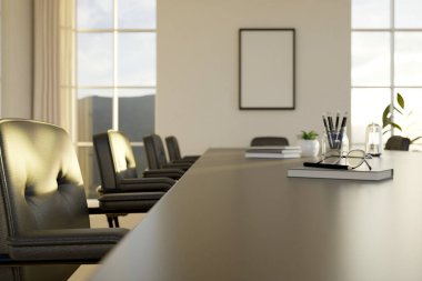 Modern bir toplantı odasındaki siyah deri koltuklu ve dekorlu bir toplantı masasının yakın çekimi. Toplantı masasındaki boşluğu kopyala. 3d görüntüleme, 3d illüstrasyon