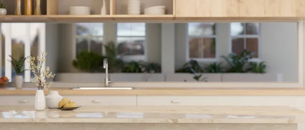 ウィンドウのバックスプラッシュ シンク 木製の食器棚や装飾付きの美しい大理石のキッチンカウンター上の製品表示のためのスペースをコピーします クローズアップ画像 3Dレンダリング 3Dイラスト — ストック写真