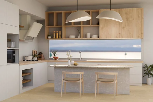 Design Interiores Uma Moderna Cozinha Minimalista Com Armário Madeira Ilha — Fotografia de Stock