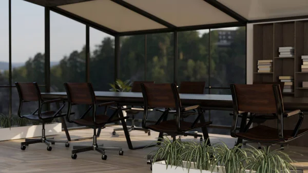室内设计的现代化阁楼会议室与硬木黑暗的会议桌 玻璃窗户与自然的景观和装饰 3D渲染 3D说明 — 图库照片
