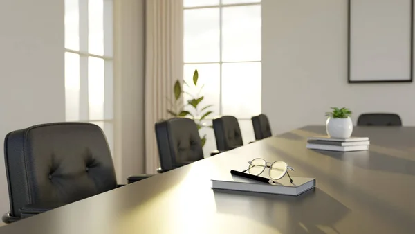 现代会议室的会议桌的特写图像 桌子上有黑色皮革扶手椅 眼镜和钢笔 3D渲染 3D说明 — 图库照片