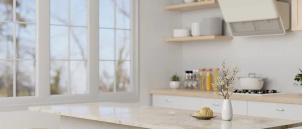 最小限の白いキッチンで美しい白い大理石のキッチンカウンターのモンタージュあなたの製品ディスプレイのためのスペースをコピーします 3Dレンダリング 3Dイラスト — ストック写真