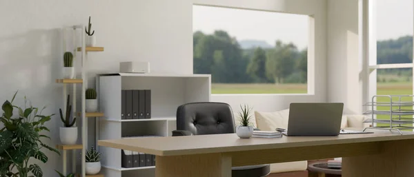 テーブル サボテンの棚 ドキュメントキャビネットや自然景観とガラス窓上のラップトップコンピュータやオフィス用品と最小限の白いオフィスルームのインテリアデザイン 3Dレンダリング 3Dイラスト — ストック写真