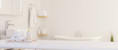 Ürünleriniz için banyodaki banyo malzemelerinin banyo küvetli, lüks beyaz banyonun bulanık arka planında olduğu beyaz bir masanın üstündeki alanı kopyalayın. 3d görüntüleme, 3d illüstrasyon