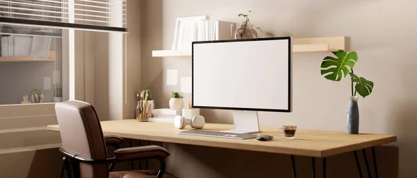 房间里最小的明亮的工作空间与计算机白色屏幕模型和装饰的木制桌子在窗边 3D渲染 3D说明 — 图库照片