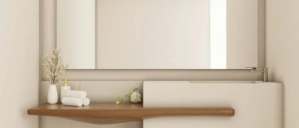 Interiér Moderního Minimálního Vybavení Koupelny Bílém Dřevěném Stylu Moderním Umyvadlem — Stock fotografie