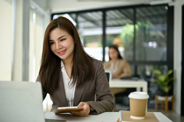 Smiling Attractive Millennial Asian Businesswoman Female Office Worker Working Her — Stock Photo, Image