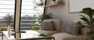 Modern sehpanın üzerindeki kanepe, iç mekan bitkileri, dekor ve geniş pencereli modern rahat oturma odasının yakın plan görüntüsü. 3d görüntüleme, 3d illüstrasyon