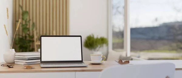Minimalistischer Arbeitsplatz Mit Laptop Computer Bildschirm Attrappe Büchern Kaffeetasse Und — Stockfoto