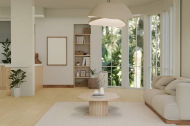 Rahat bej yastıkları, ahşap sehpası, penceresi, kolye ışıkları, parke zemini ve ev dekoru olan minimal beyaz bir oturma odasının iç tasarımı. 3d görüntüleme, 3d illüstrasyon