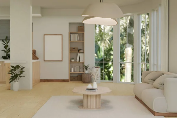 快適なベージュクッション 木製コーヒーテーブル ペンダントライト 寄木細工の床と家の装飾と最小限の白の広々としたリビングルームのインテリアデザイン 3Dレンダリング 3Dイラスト — ストック写真