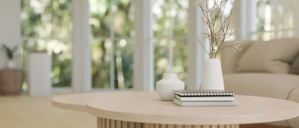 Minimal Wooden Coffee Table Books Flower Vases Minimalist White Living — Stock Photo, Image
