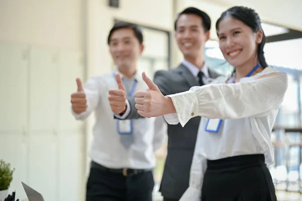 Group Confident Successful Asian Businesspeople Showing Thumb Ups While Standing — Stock Photo, Image