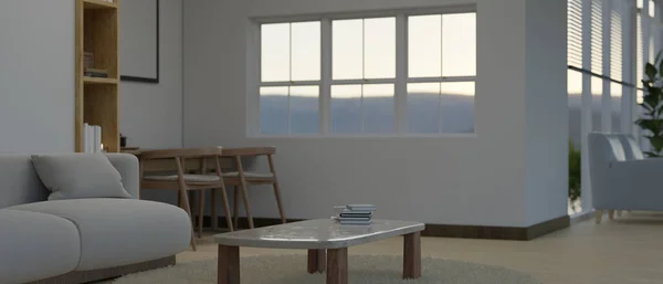 快適なクッション カーペットの上のコーヒーテーブル 木製のダイニングテーブルと装飾が施された快適で最小限のリビングルーム 3Dレンダリング 3Dイラスト — ストック写真