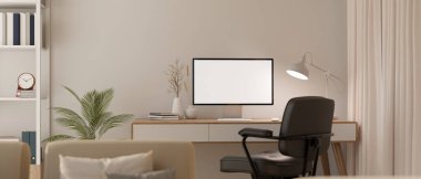 Oturma odasındaki minimalist beyaz çalışma alanının iç tasarımı beyaz duvar, raf, kapalı bitki ve dekora karşı minimum ahşap bir masa üzerinde bilgisayar beyaz ekran modeliyle. 3d görüntüleme, 3d illüstrasyon