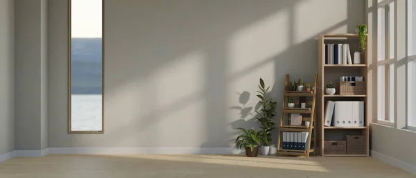 室内植物 寄木細工の床 棚と灰色の壁に対して空のスペースと最小限の空の部屋のインテリアデザイン 3Dレンダリング 3Dイラスト — ストック写真