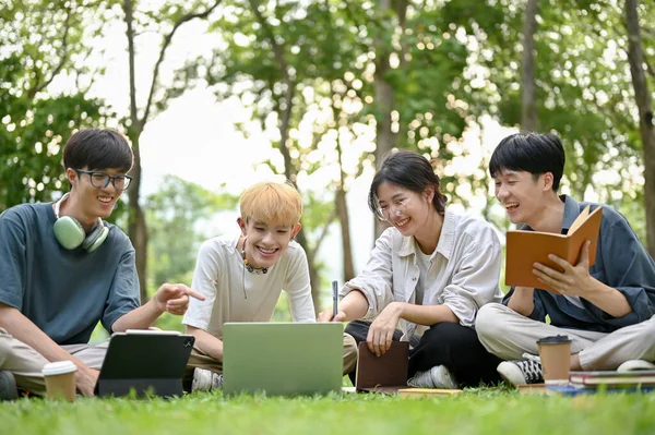 Gruppe Forskellige Unge Asiatiske Universitetsstuderende Der Sidder Græsset Nyder Tale - Stock-foto