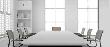 Geniş beyaz toplantı masası, koltuklar, büyük pencereler ve beyaz bir duvarı olan modern beyaz toplantı odası iç tasarımının ön görüntüsü. 3d görüntüleme, 3d illüstrasyon