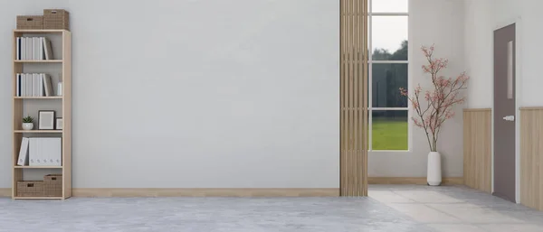 白い壁に対して空のスペースと最小限の北欧の部屋のインテリアデザイン 空のリビングルームのモックアップ 3Dレンダリング 3Dイラスト — ストック写真