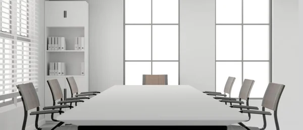 现代白色会议室室内设计的前视图 有一个大的白色会议桌 扶手椅 大窗户和一面白色墙壁 3D渲染 3D说明 — 图库照片