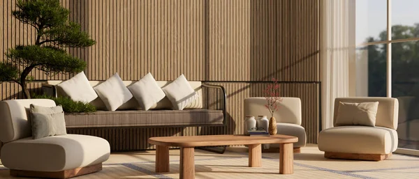 Diseño Interior Una Moderna Sala Estar Zen Japonesa Con Cómodo — Foto de Stock