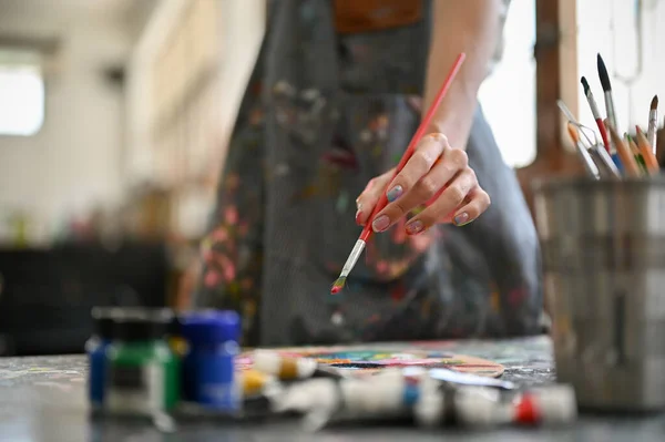 Close Image Gay Artist Wearing Apron Dipping His Paintbrush Watercolor — Stock Photo, Image