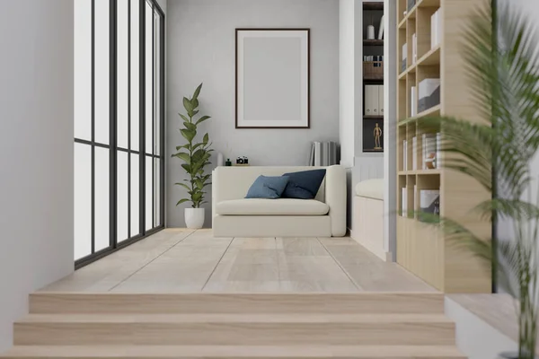 소파가 현대식 미니멀리즘의 거실이나 라운지의 책꽂이 바닥에 프레임 흉내내기 Render — 스톡 사진