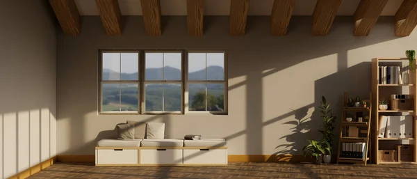 木製本棚 屋内植物 寄木細工の床 木製の天井に対するソファ付き居心地の良い北欧農家スタイルのリビングルームのインテリアデザイン 3Dレンダリング 3Dイラスト — ストック写真