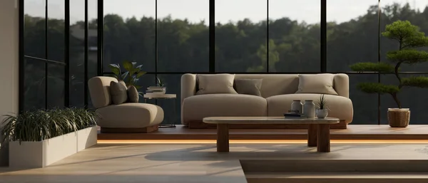 快適なソファ コーヒーテーブル 屋内植物や木 大きなガラスの壁と現代の豪華なリビングルームやラウンジのインテリアデザイン 3Dレンダリング 3Dイラスト — ストック写真