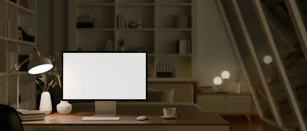 Σύγχρονη Ζεστό Γραφείο Βράδυ Υπολογιστή Λευκό Desktop Mockup Επιτραπέζιο Φωτιστικό — Φωτογραφία Αρχείου